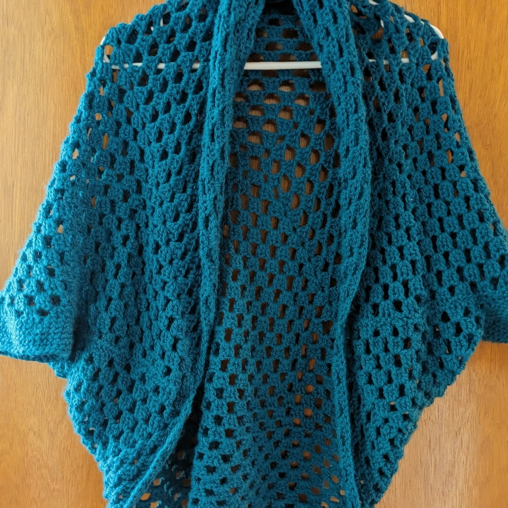 Teal Crocheted Women's Boho Sweater 100% Wool Handmade